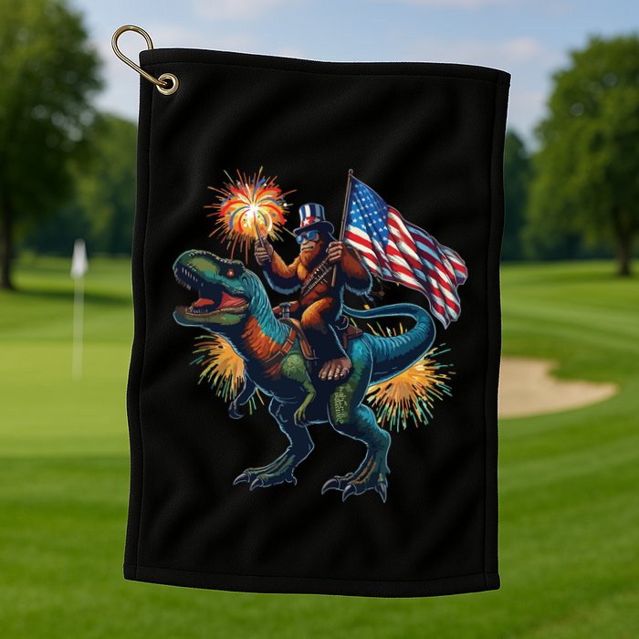 Bigfoot Sasquatch Riding Dinosaur T Rex Funny 4th Of July Golf Towel