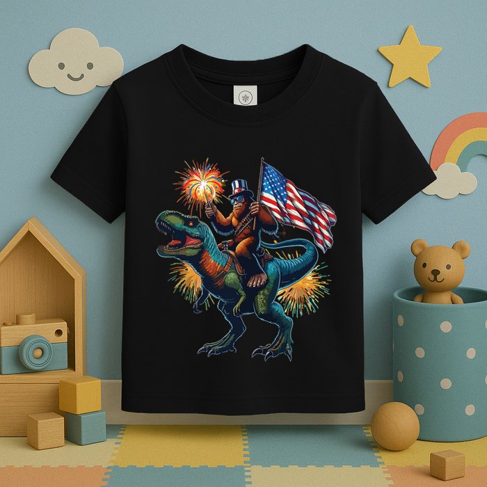 Bigfoot Sasquatch Riding Dinosaur T Rex Funny 4th Of July Toddler T-Shirt