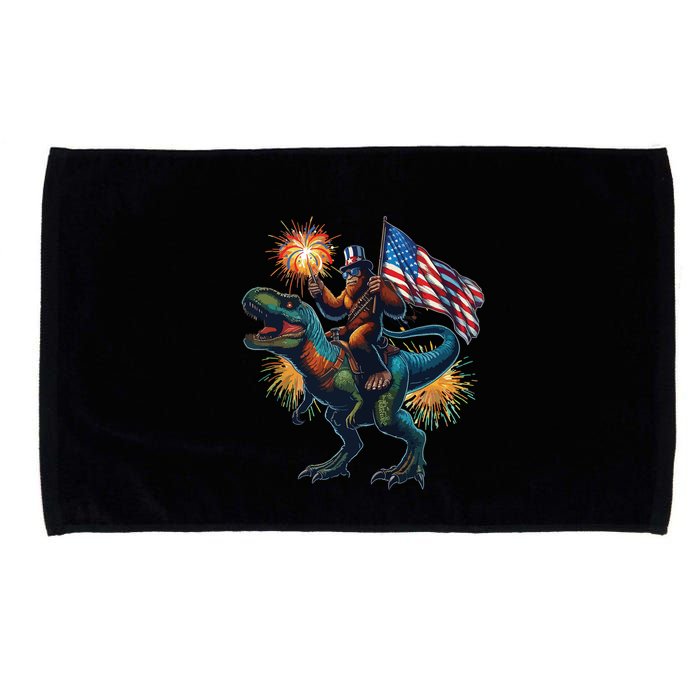 Bigfoot Sasquatch Riding Dinosaur T Rex Funny 4th Of July Microfiber Hand Towel