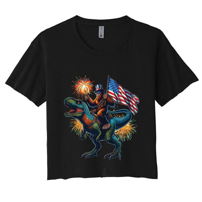 Bigfoot Sasquatch Riding Dinosaur T Rex Funny 4th Of July Crop Top