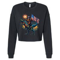 Bigfoot Sasquatch Riding Dinosaur T Rex Funny 4th Of July Cropped Pullover Crew