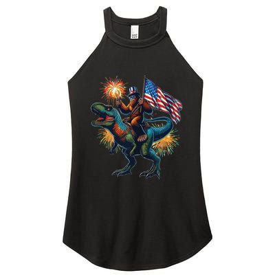 Bigfoot Sasquatch Riding Dinosaur T Rex Funny 4th Of July Women's Perfect Tri Rocker Tank