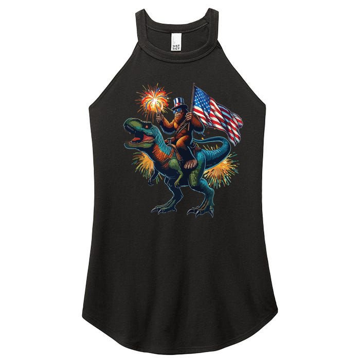 Bigfoot Sasquatch Riding Dinosaur T Rex Funny 4th Of July Women’s Perfect Tri Rocker Tank