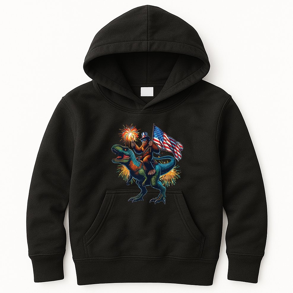 Bigfoot Sasquatch Riding Dinosaur T Rex Funny 4th Of July Kids Hoodie
