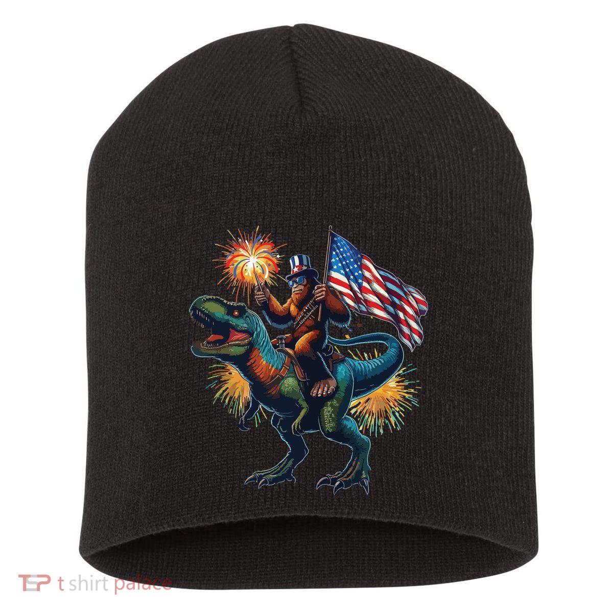 Bigfoot Sasquatch Riding Dinosaur T Rex Funny 4th Of July Short Acrylic Beanie