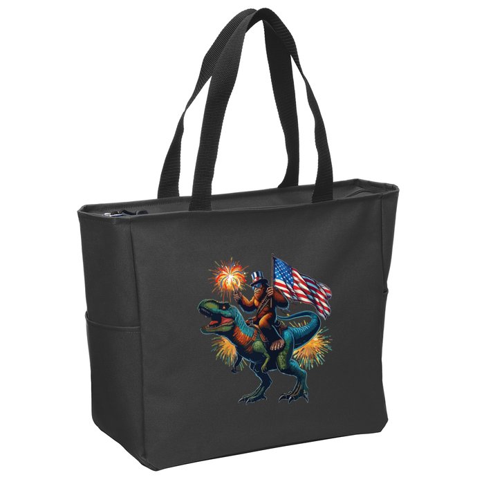 Bigfoot Sasquatch Riding Dinosaur T Rex Funny 4th Of July Zip Tote Bag