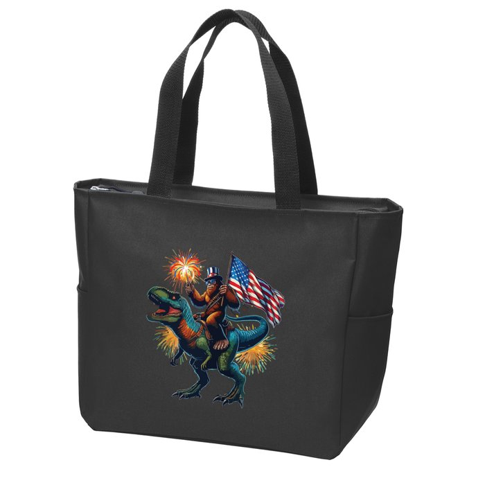 Bigfoot Sasquatch Riding Dinosaur T Rex Funny 4th Of July Zip Tote Bag