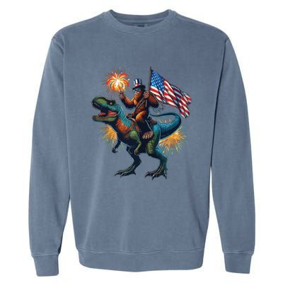 Bigfoot Sasquatch Riding Dinosaur T Rex Funny 4th Of July Garment-Dyed Sweatshirt