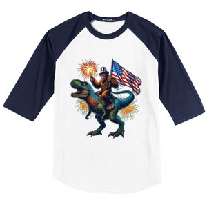 Bigfoot Sasquatch Riding Dinosaur T Rex Funny 4th Of July Baseball Sleeve Shirt