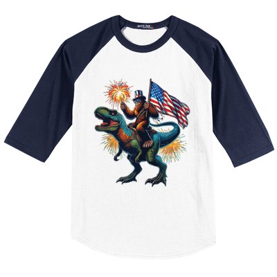 Bigfoot Sasquatch Riding Dinosaur T Rex Funny 4th Of July Baseball Sleeve Shirt