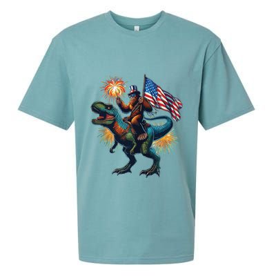 Bigfoot Sasquatch Riding Dinosaur T Rex Funny 4th Of July Sueded Cloud Jersey T-Shirt
