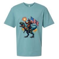 Bigfoot Sasquatch Riding Dinosaur T Rex Funny 4th Of July Sueded Cloud Jersey T-Shirt