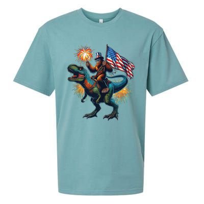 Bigfoot Sasquatch Riding Dinosaur T Rex Funny 4th Of July Sueded Cloud Jersey T-Shirt