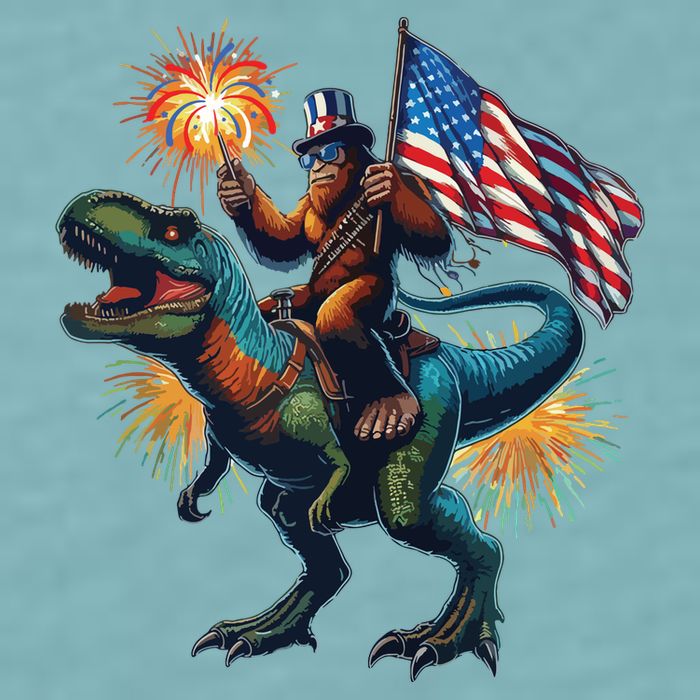 Bigfoot Sasquatch Riding Dinosaur T Rex Funny 4th Of July Sueded Cloud Jersey T-Shirt