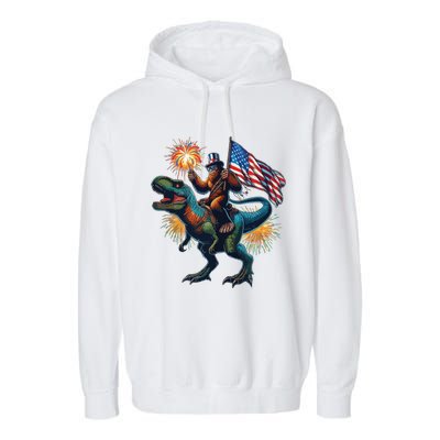 Bigfoot Sasquatch Riding Dinosaur T Rex Funny 4th Of July Garment-Dyed Fleece Hoodie