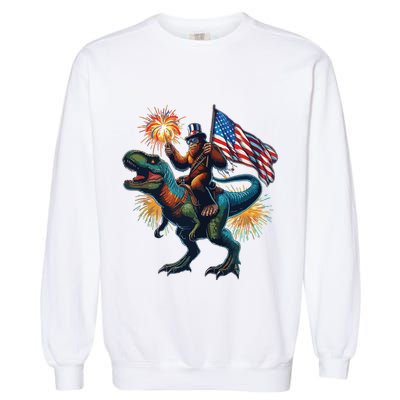Bigfoot Sasquatch Riding Dinosaur T Rex Funny 4th Of July Garment-Dyed Sweatshirt