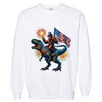 Bigfoot Sasquatch Riding Dinosaur T Rex Funny 4th Of July Garment-Dyed Sweatshirt