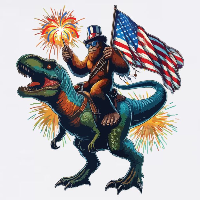 Bigfoot Sasquatch Riding Dinosaur T Rex Funny 4th Of July Garment-Dyed Sweatshirt