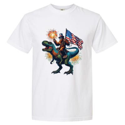 Bigfoot Sasquatch Riding Dinosaur T Rex Funny 4th Of July Garment-Dyed Heavyweight T-Shirt