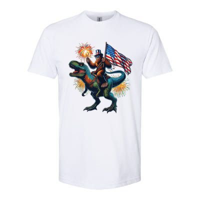 Bigfoot Sasquatch Riding Dinosaur T Rex Funny 4th Of July Softstyle CVC T-Shirt