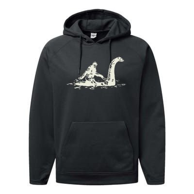 Bigfoot Sasquatch Riding The Loch Ness Monster Performance Fleece Hoodie