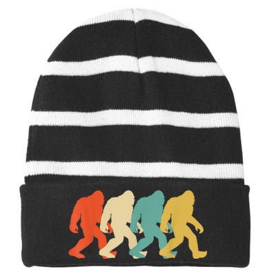 Bigfoot Silhouette Retro Pop Art Sasquatch Graphic Striped Beanie with Solid Band