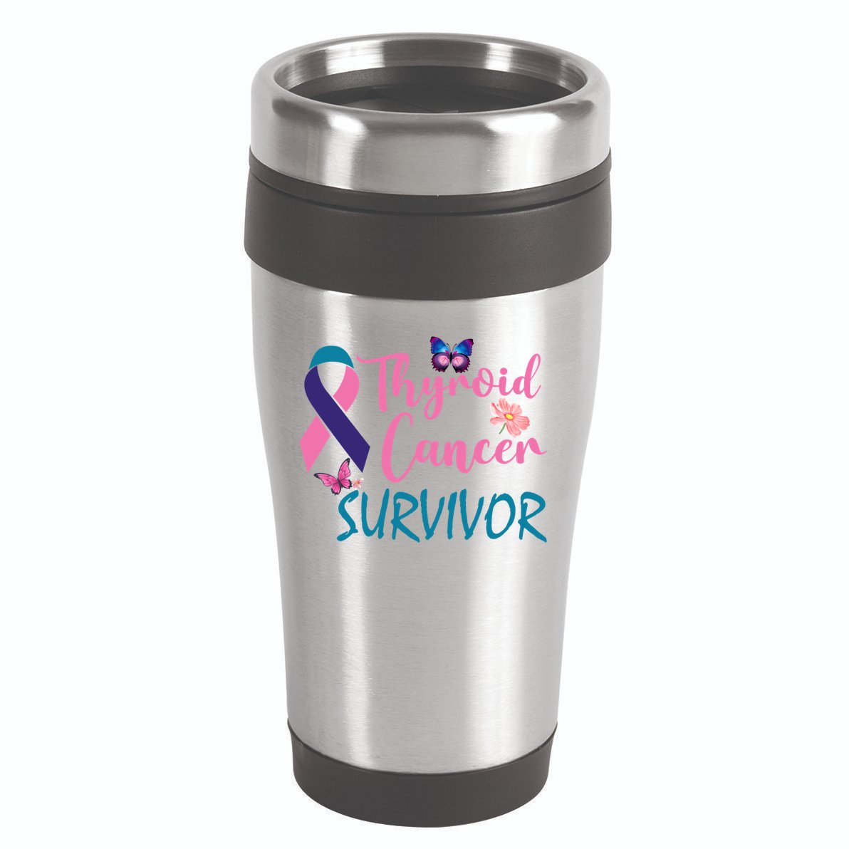 Butterflies Support Ribbon Thyroid Cancer Survivor Gift 16oz Travel Tumbler
