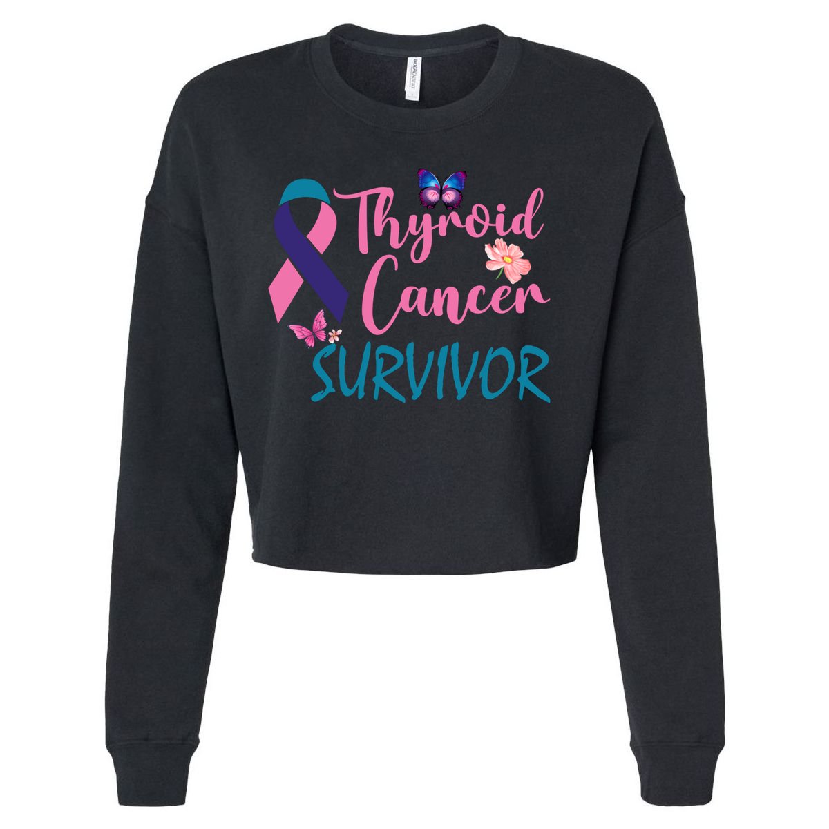 Butterflies Support Ribbon Thyroid Cancer Survivor Gift Cropped Pullover Crew