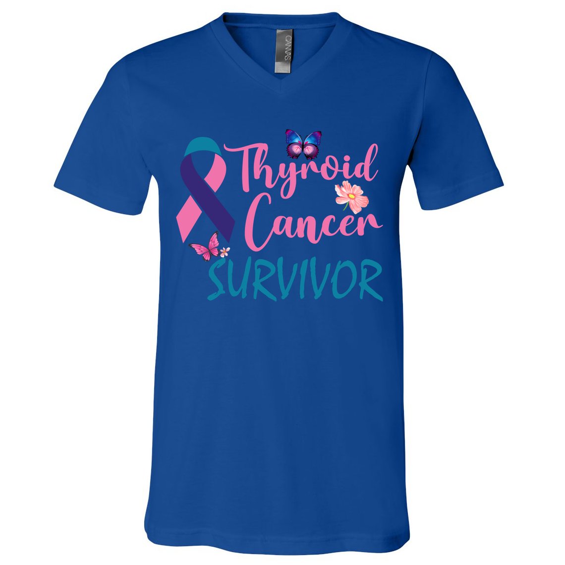 Butterflies Support Ribbon Thyroid Cancer Survivor Gift V-Neck T-Shirt
