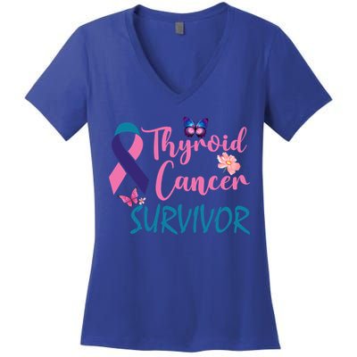 Butterflies Support Ribbon Thyroid Cancer Survivor Gift Women's V-Neck T-Shirt