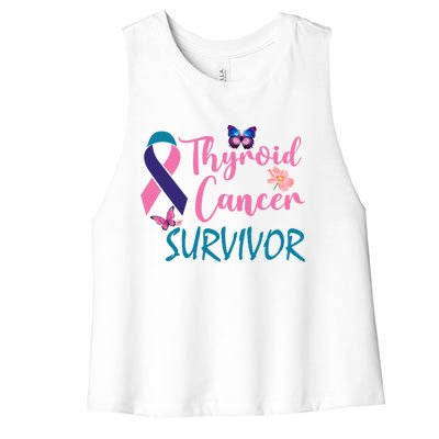 Butterflies Support Ribbon Thyroid Cancer Survivor Gift Women's Racerback Cropped Tank