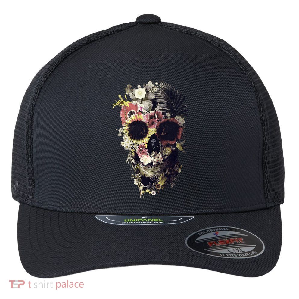 Bloom Skull Sunflower Flexfit Unipanel Trucker Cap