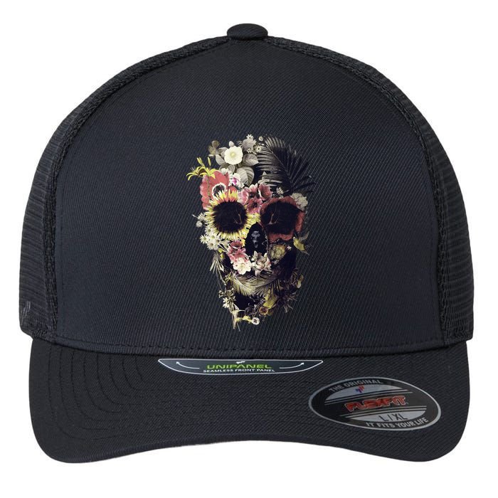 Bloom Skull Sunflower Flexfit Unipanel Trucker Cap