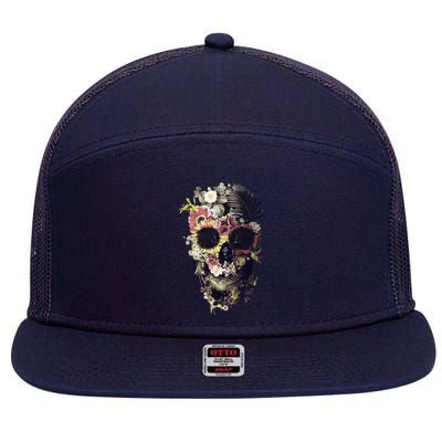 Bloom Skull Sunflower 7 Panel Mesh Trucker Snapback Hat
