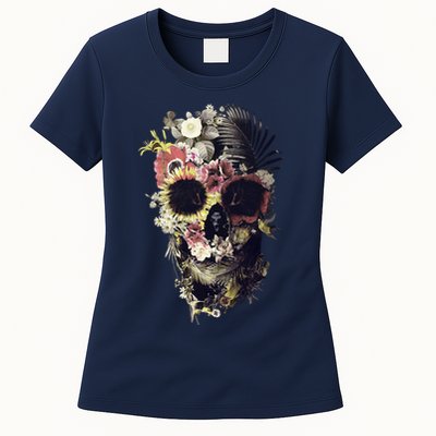 Bloom Skull Sunflower Womens T-Shirt
