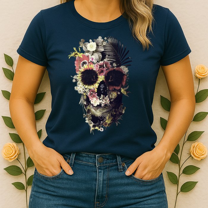 Bloom Skull Sunflower Womens T-Shirt