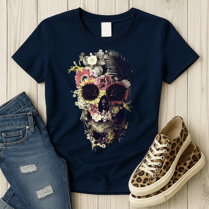 Bloom Skull Sunflower Womens T-Shirt