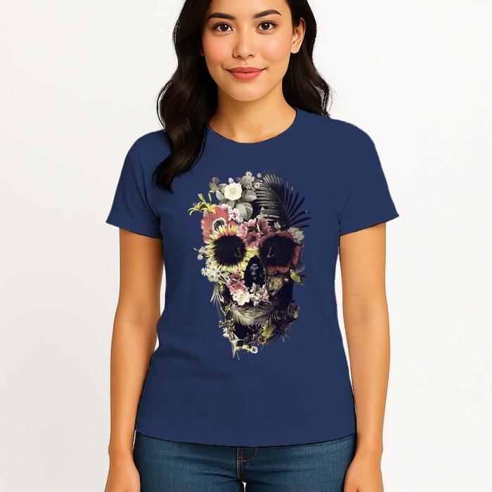 Bloom Skull Sunflower Womens T-Shirt