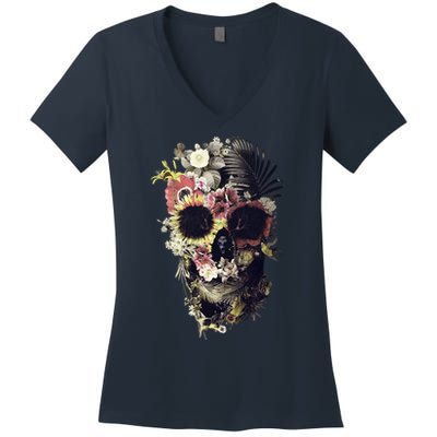 Bloom Skull Sunflower Women's V-Neck T-Shirt