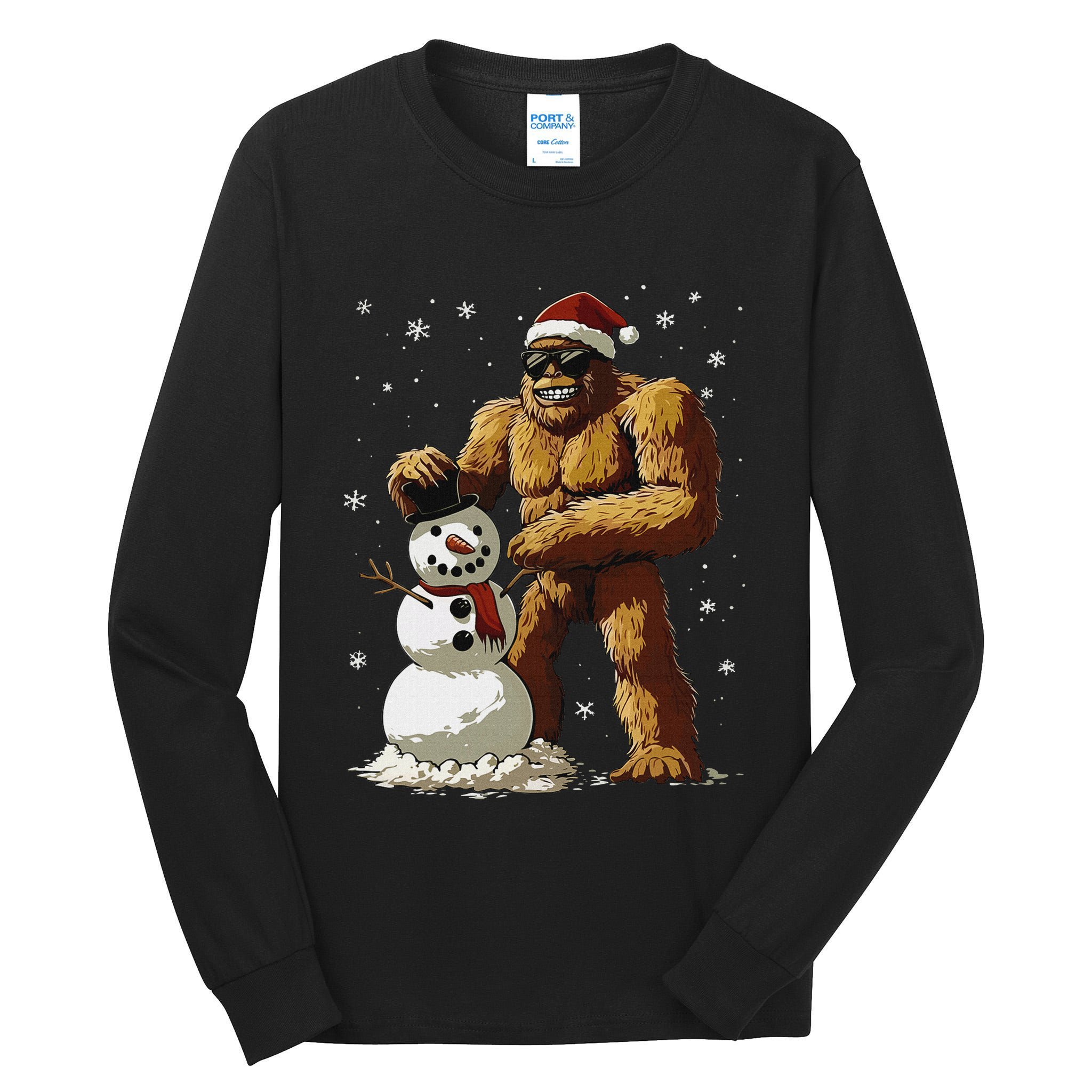 Bigfoot Santa Snowman Xmas Christmas Graphic Tall Long Sleeve T-Shirt