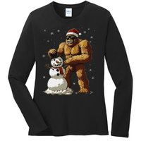 Bigfoot Santa Snowman Xmas Christmas Graphic Ladies Long Sleeve Shirt