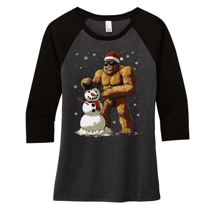 Bigfoot Santa Snowman Xmas Christmas Graphic Women's Tri-Blend 3/4-Sleeve Raglan Shirt