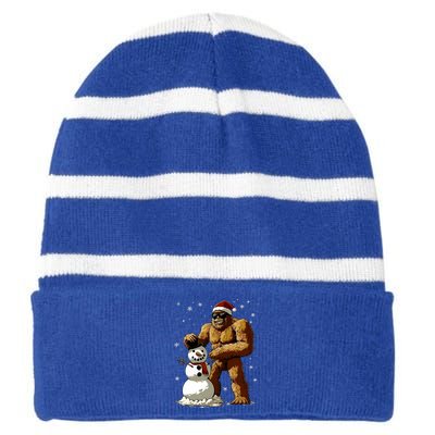 Bigfoot Santa Snowman Xmas Christmas Graphic Striped Beanie with Solid Band