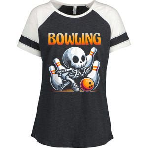 Bowling Skeleton Strikes Fun Enza Ladies Jersey Colorblock Tee