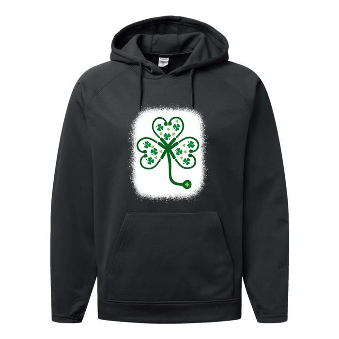 Bleach Shamrock Stethoscope Nurse St Patricks Day For Women Performance Fleece Hoodie