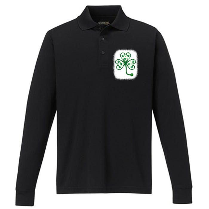 Bleach Shamrock Stethoscope Nurse St Patricks Day For Women Performance Long Sleeve Polo