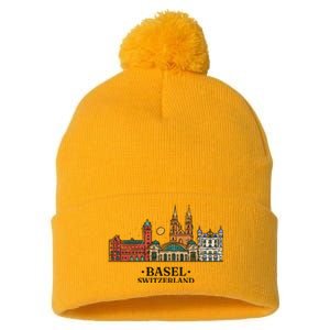 Basel Switzerland Skyline Pom Pom 12in Knit Beanie