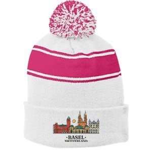 Basel Switzerland Skyline Stripe Pom Pom Beanie