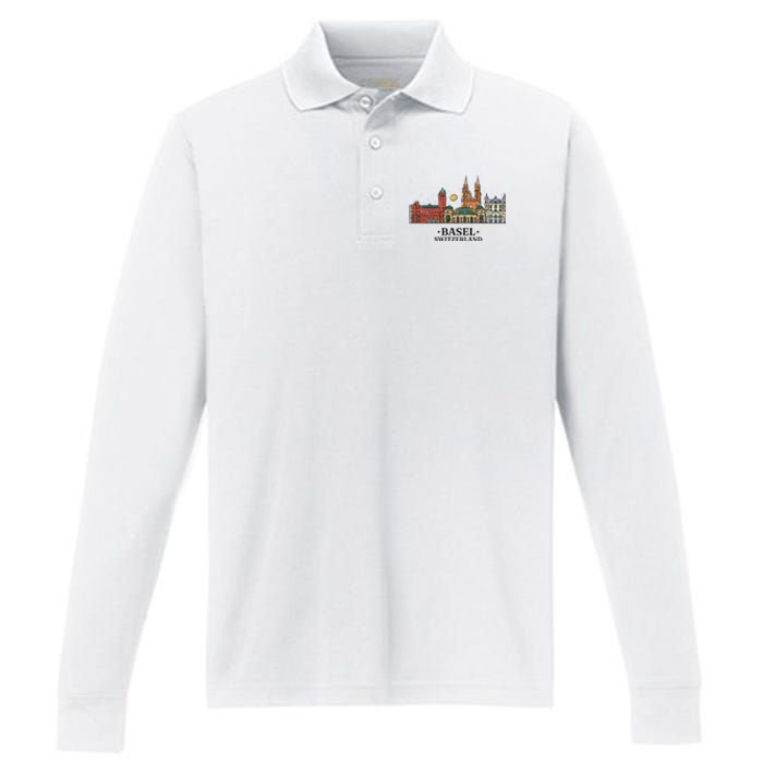 Basel Switzerland Skyline Performance Long Sleeve Polo