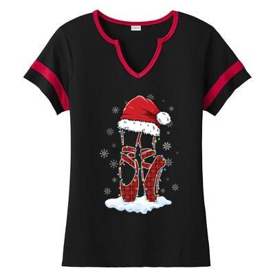 Ballet Shoes Santa Hat Ballerina Dancer Christmas Lights Funny Gift Ladies Halftime Notch Neck Tee